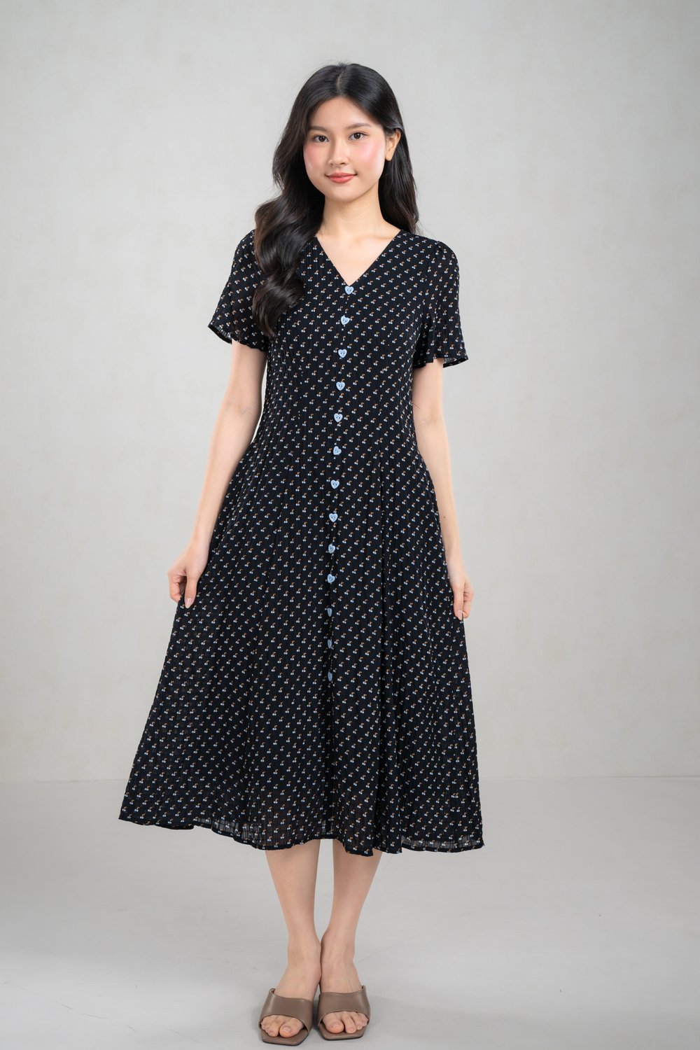 SIVAN BLACK CHERRIES SLEEVED BUTTON MIDI DRESS