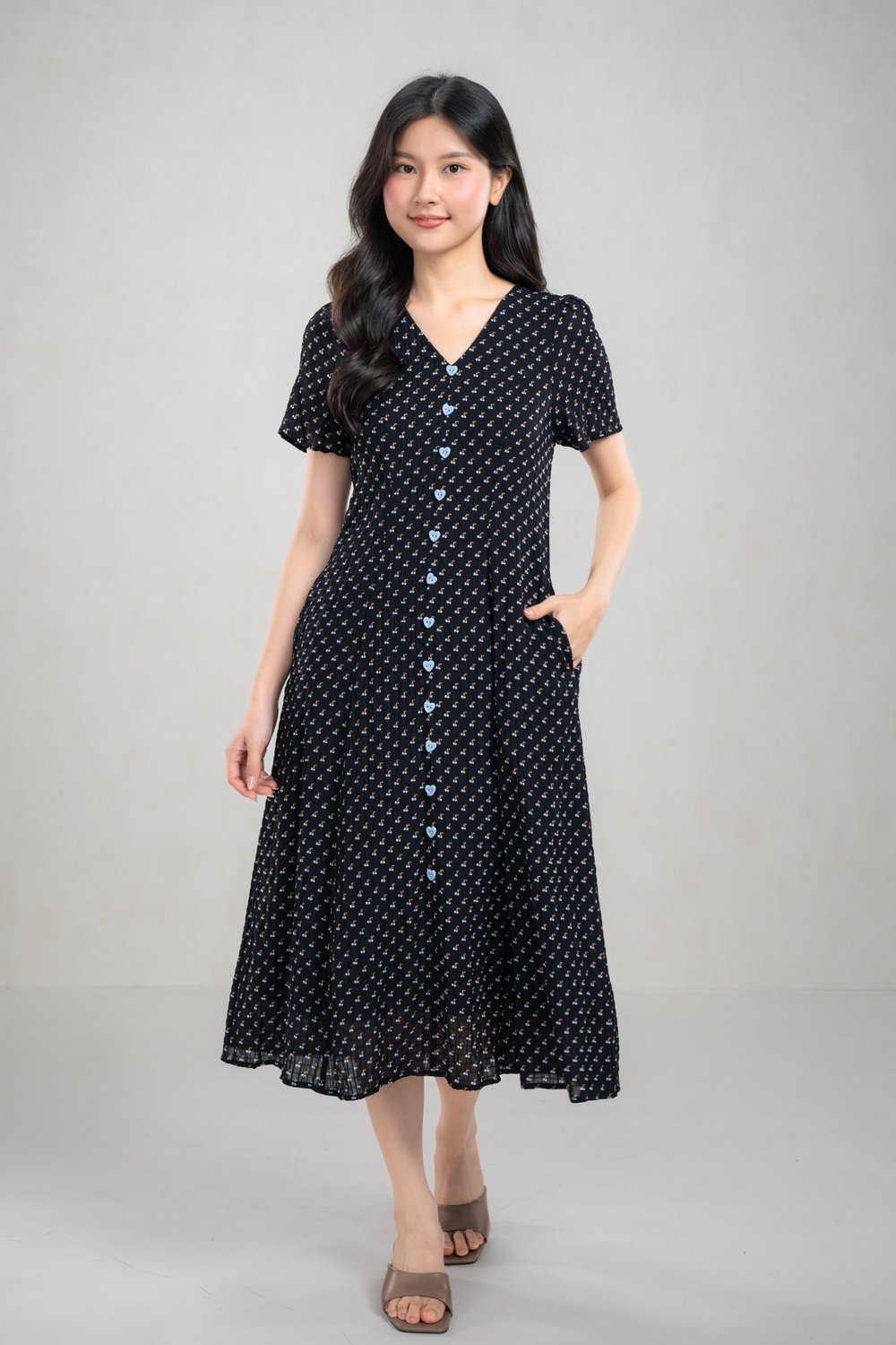 SIVAN BLACK CHERRIES SLEEVED BUTTON MIDI DRESS