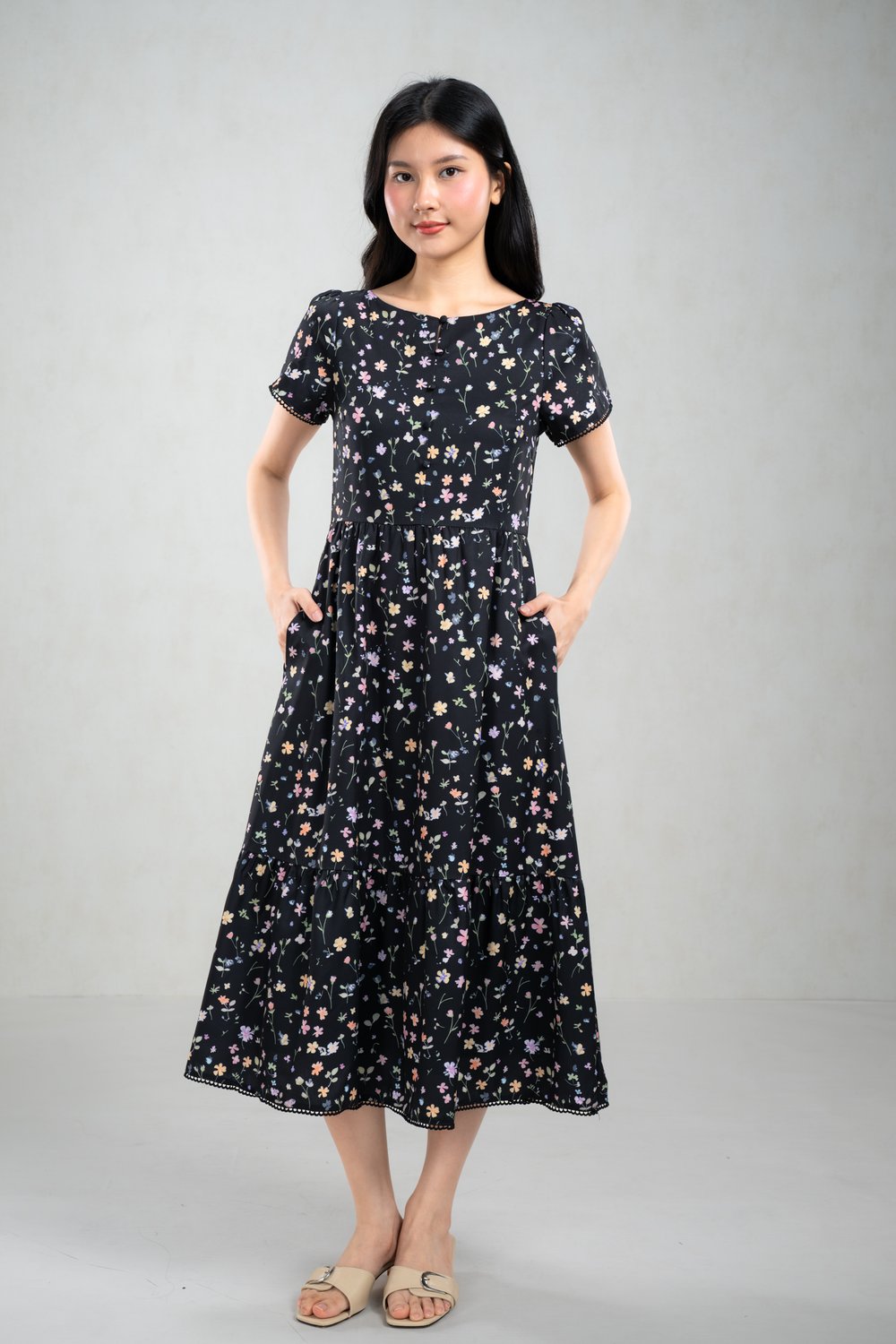 XAVIENNE BLACK FLORAL BOATNECK SLEEVED DRESS