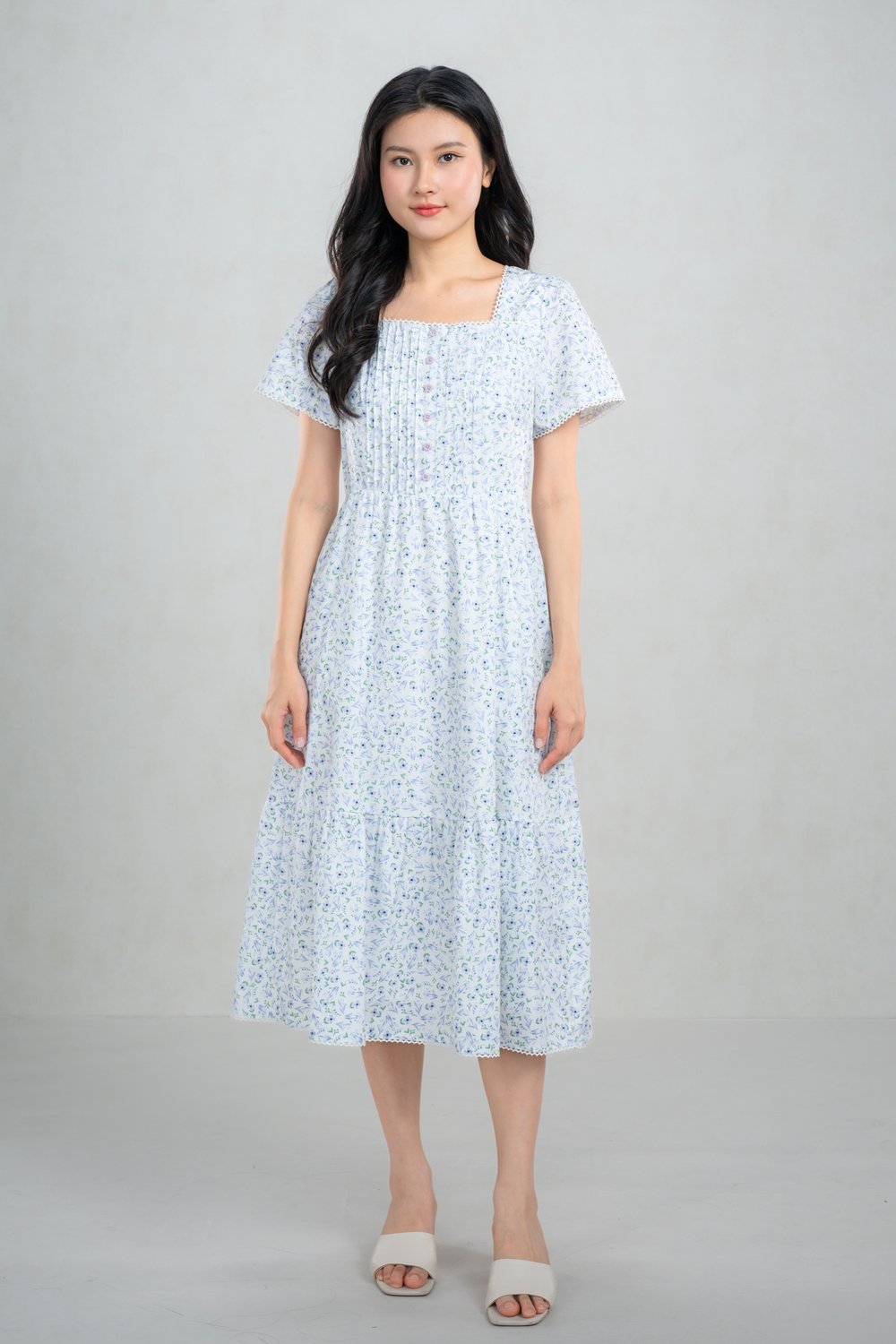 SORCHA LILAC FLORAL SQUARE-NECK PINTUCK DRESS