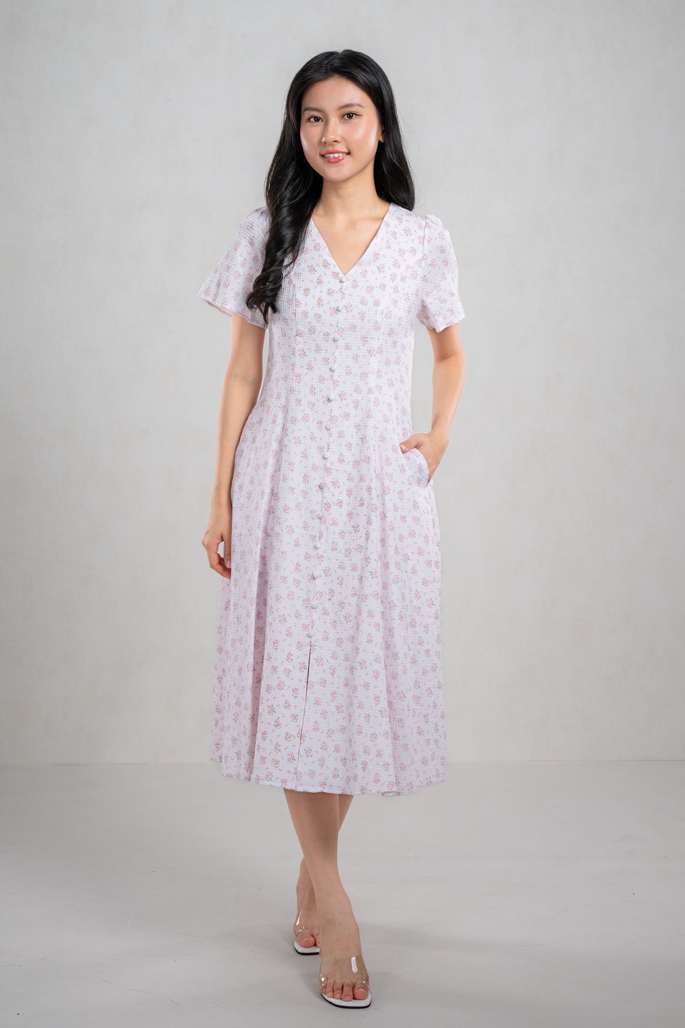 GLEANTA PINK FLORAL SLEEVED BUTTON MIDI DRESS