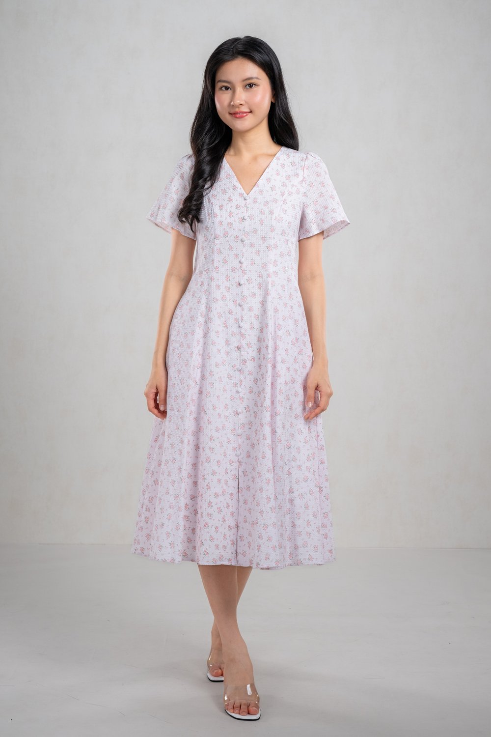 GLEANTA PINK FLORAL SLEEVED BUTTON MIDI DRESS