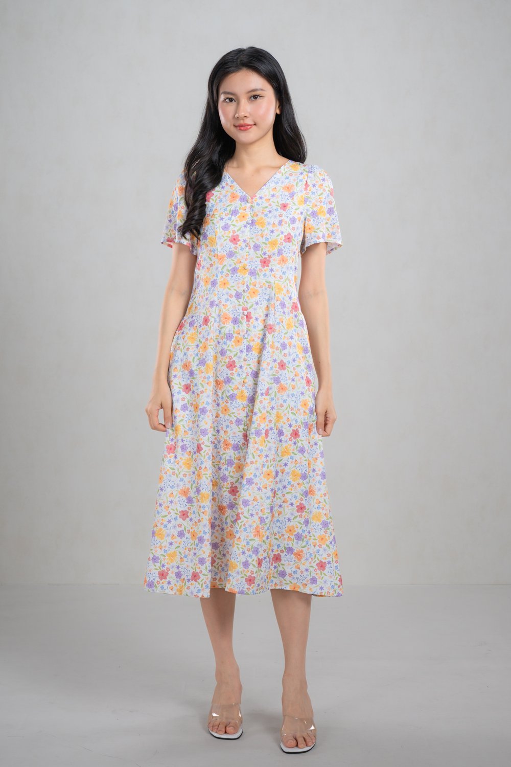 UNITY FLORAL SLEEVED BUTTON MIDI DRESS