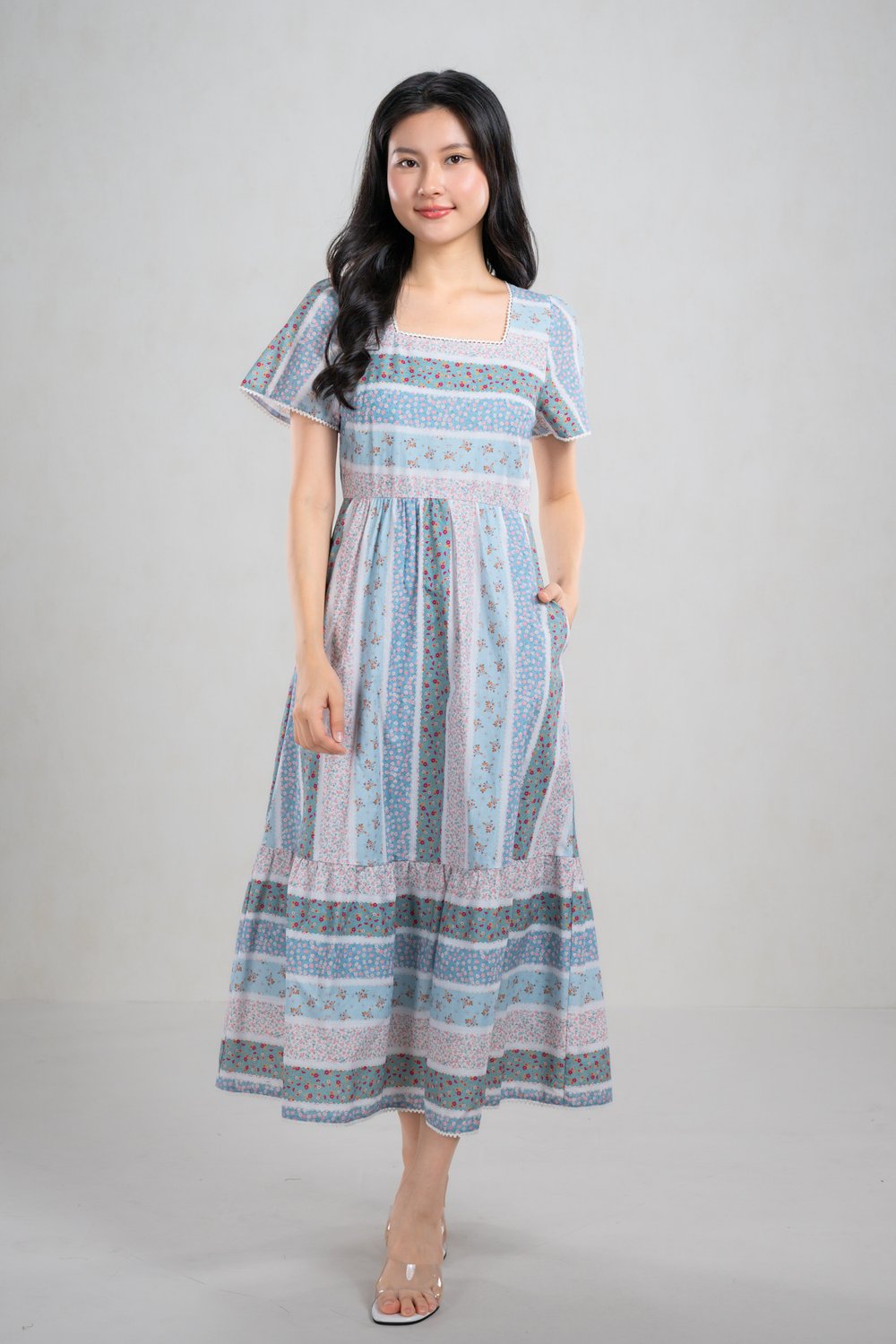 PEIG PATCHWORK PRINT SLEEVED MIDI DRESS