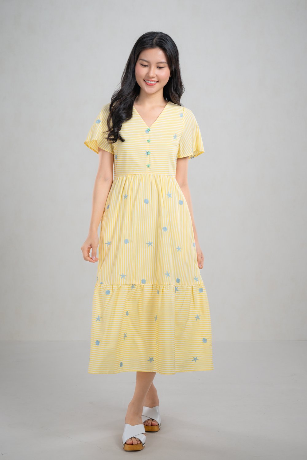 SARNIE YELLOW STRIPES STARFISH EMB. DRESS