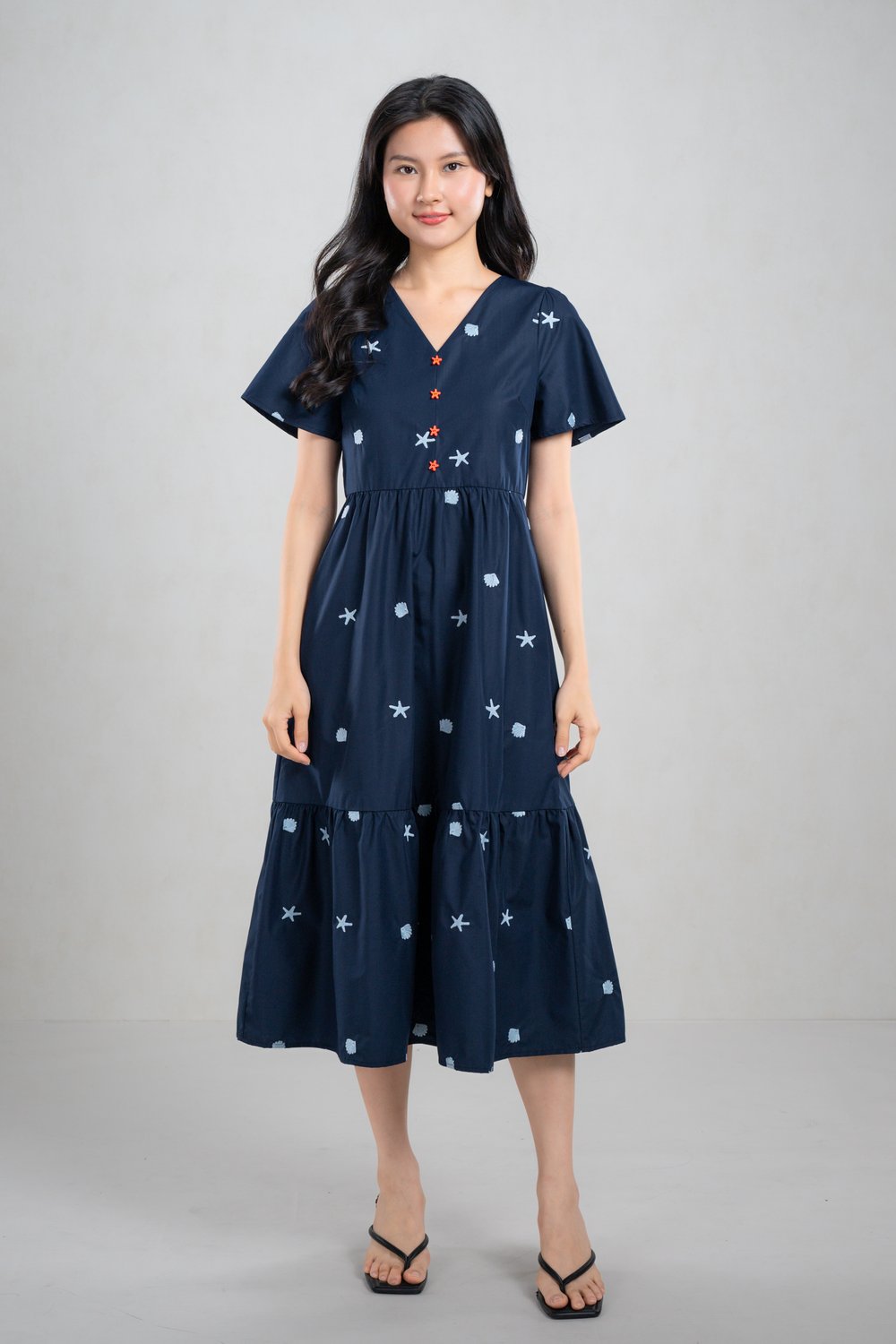 MARNIE STARFISH EMB. SLEEVED MIDI DRESS