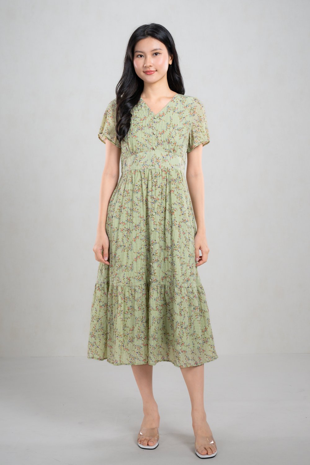 GAITH FLORAL V-NECK SLEEVED MIDI DRESS IN GREEN