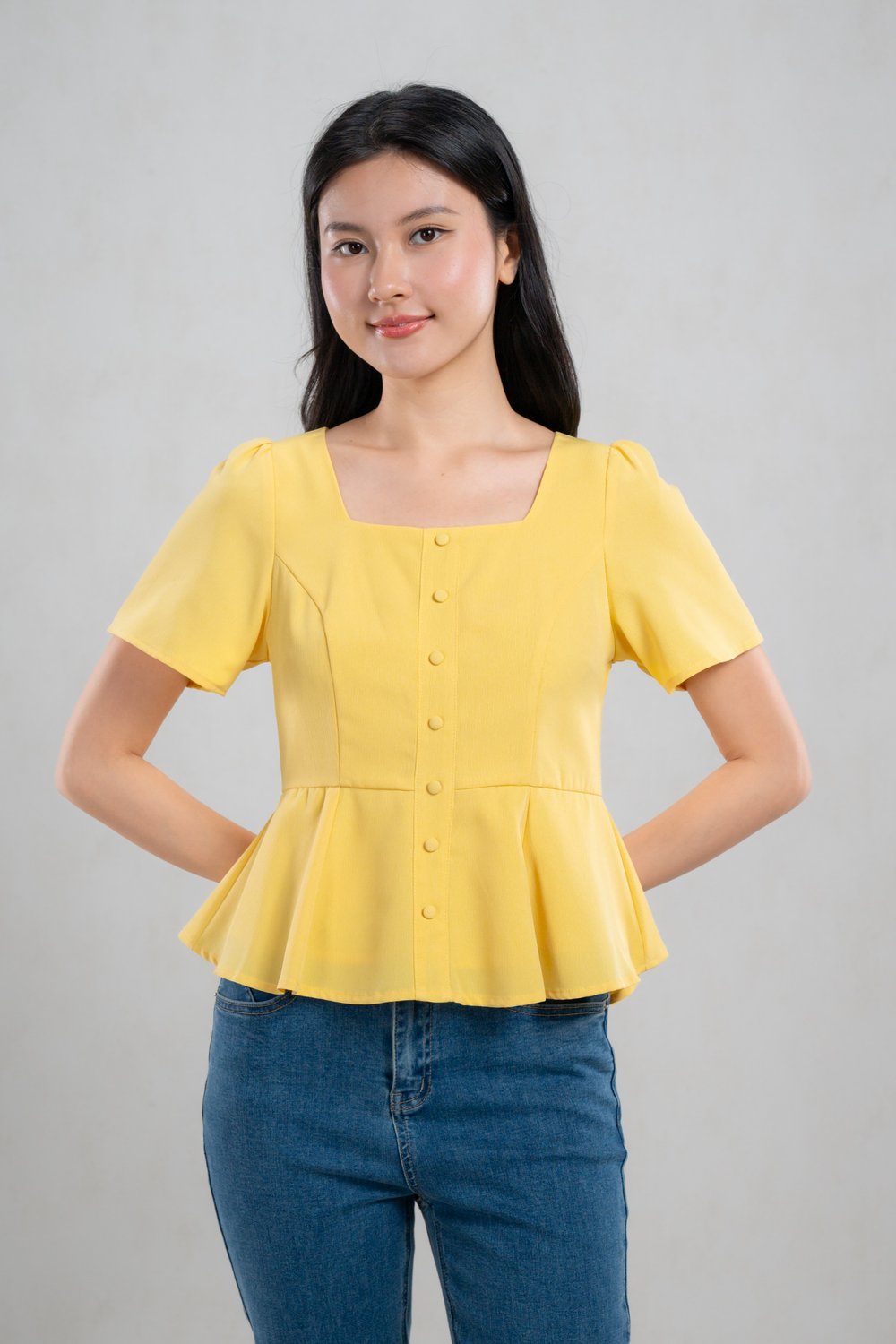 POET SQUARE-NECK SLEEVED PEPLUM TOP IN YELLOW