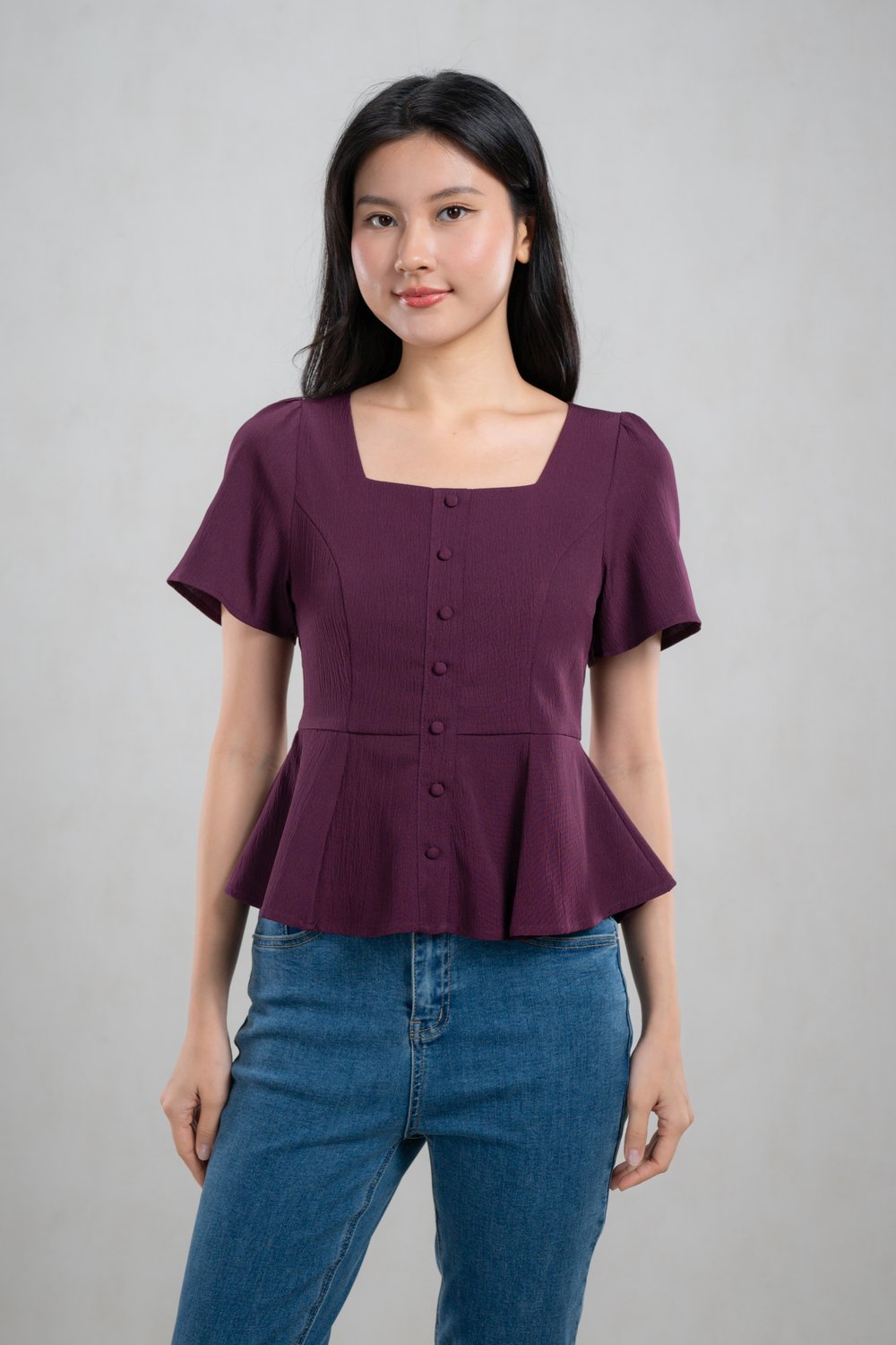 POET SQUARE-NECK SLEEVED PEPLUM TOP IN PLUM
