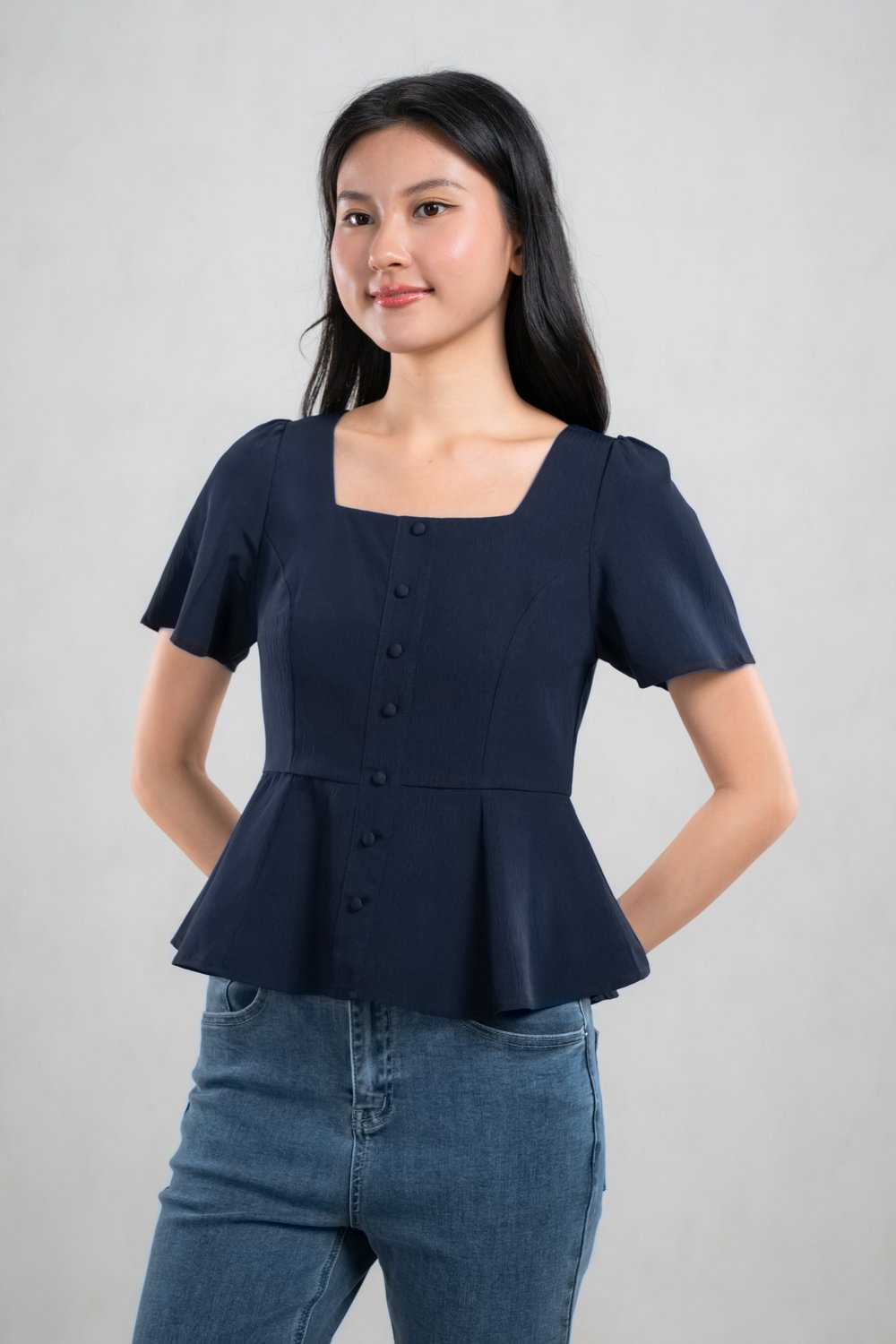 POET SQUARE-NECK SLEEVED PEPLUM TOP IN NAVY
