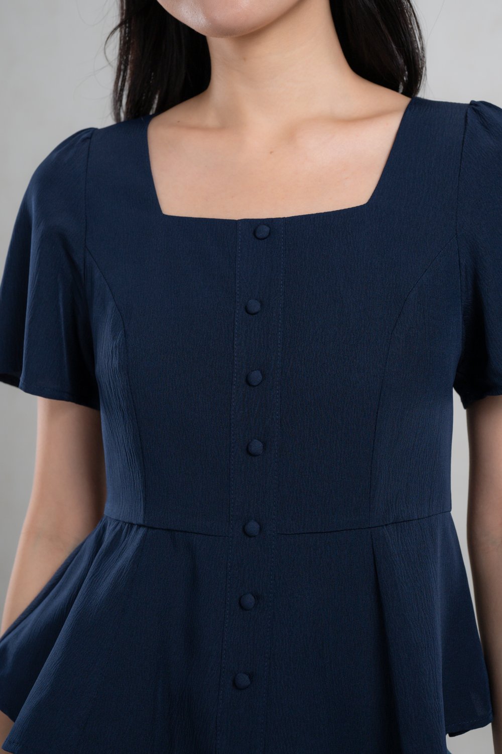 POET SQUARE-NECK SLEEVED PEPLUM TOP IN NAVY