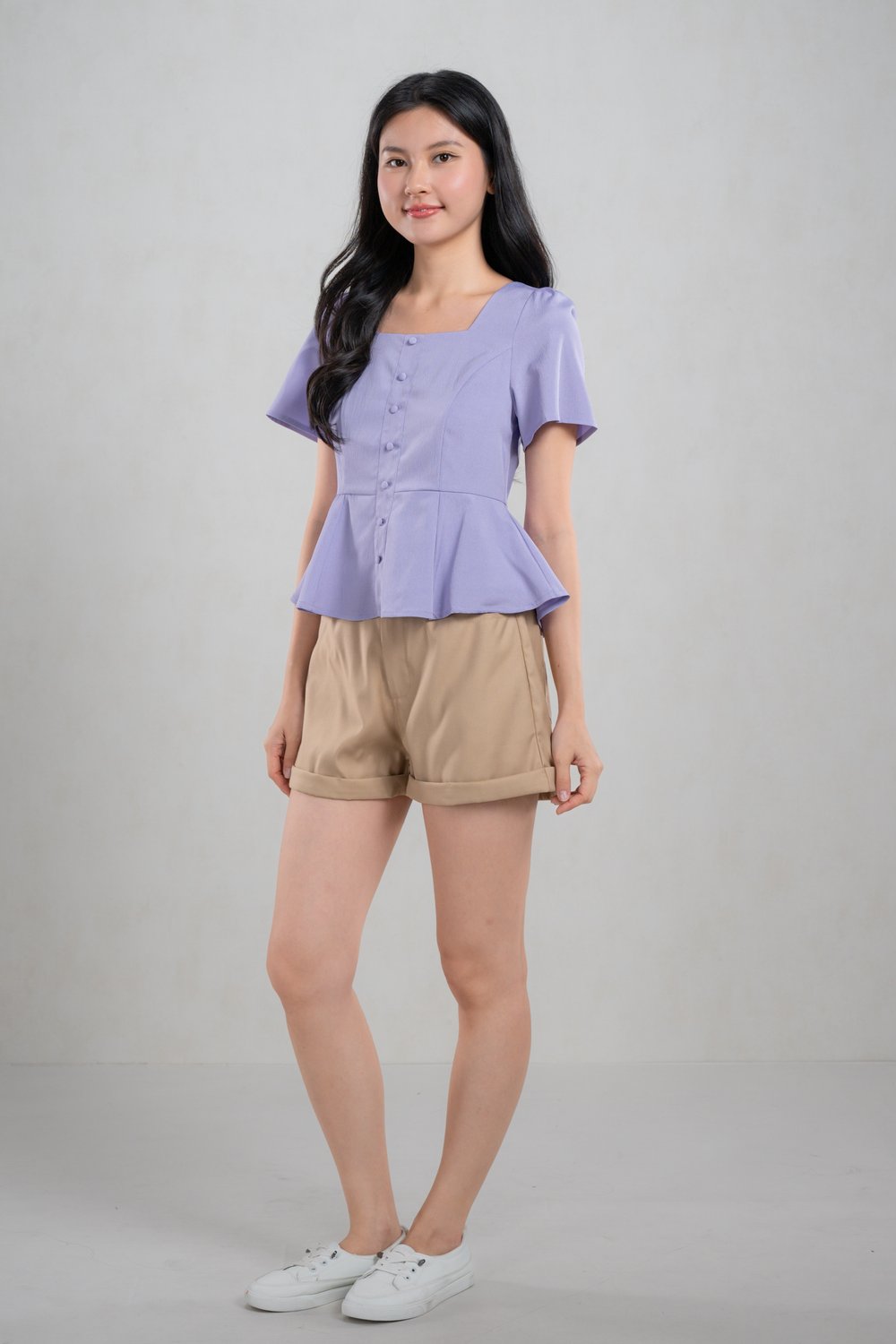 POET SQUARE-NECK SLEEVED PEPLUM TOP IN LILAC
