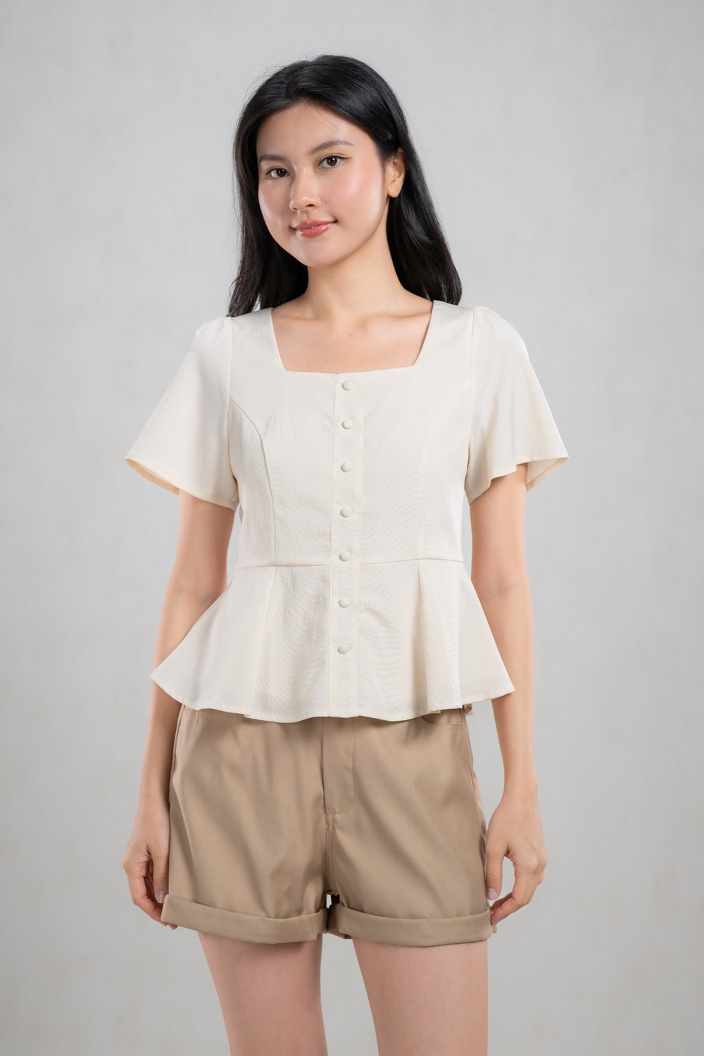 POET SQUARE-NECK SLEEVED PEPLUM TOP IN CHAMPAGNE
