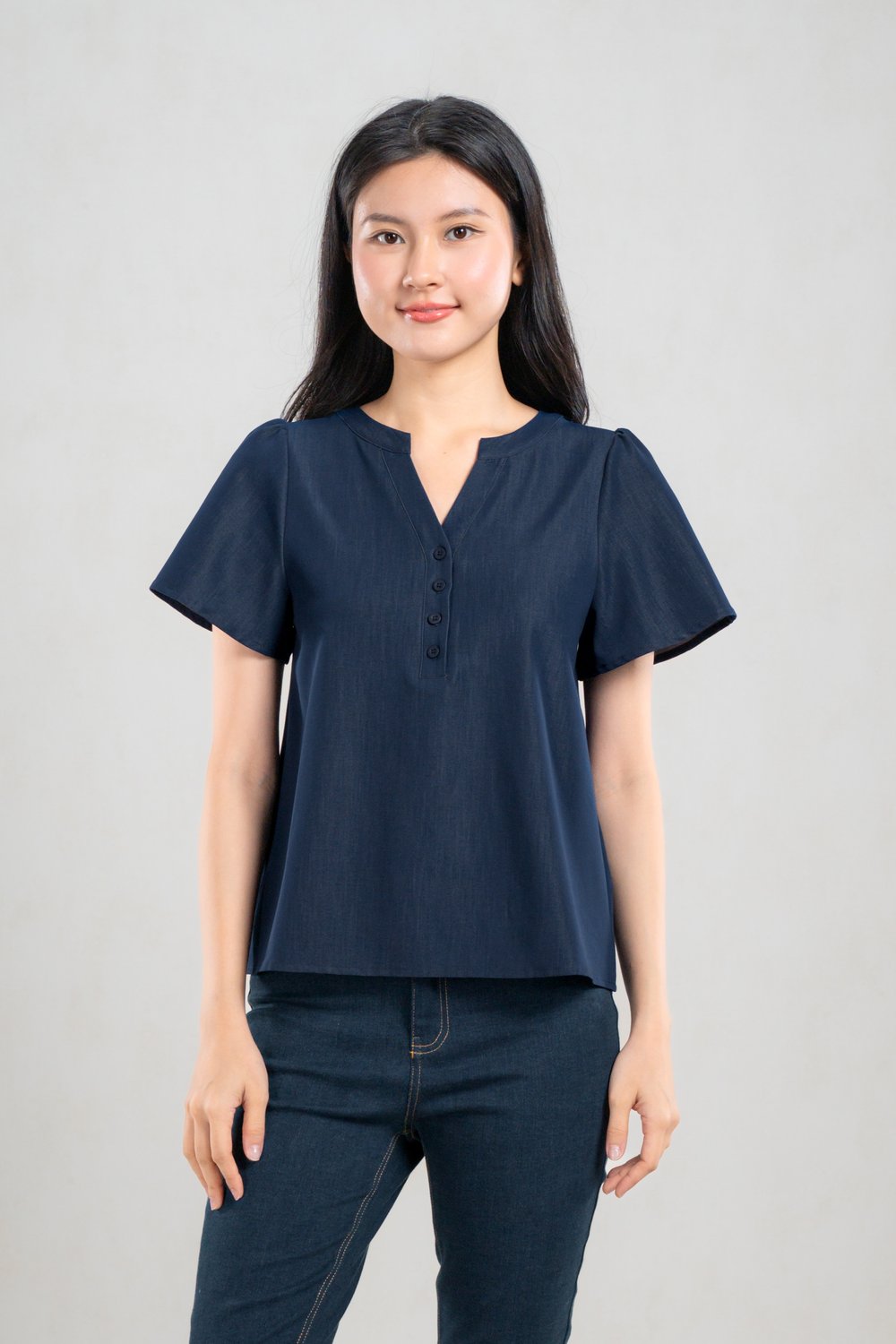 JUYEON DENIM SLEEVED TOP IN DARK WASH