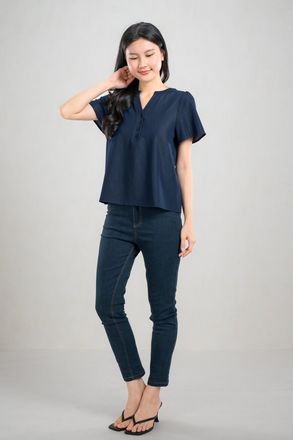 JUYEON DENIM SLEEVED TOP IN DARK WASH