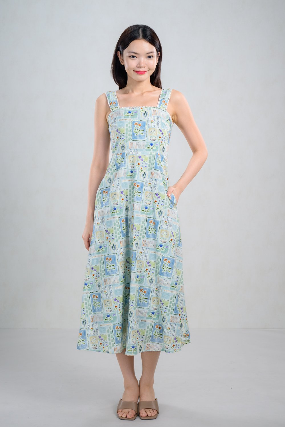 ORLENA THICK-STRAP MIDAXI DRESS IN PATCHWORK