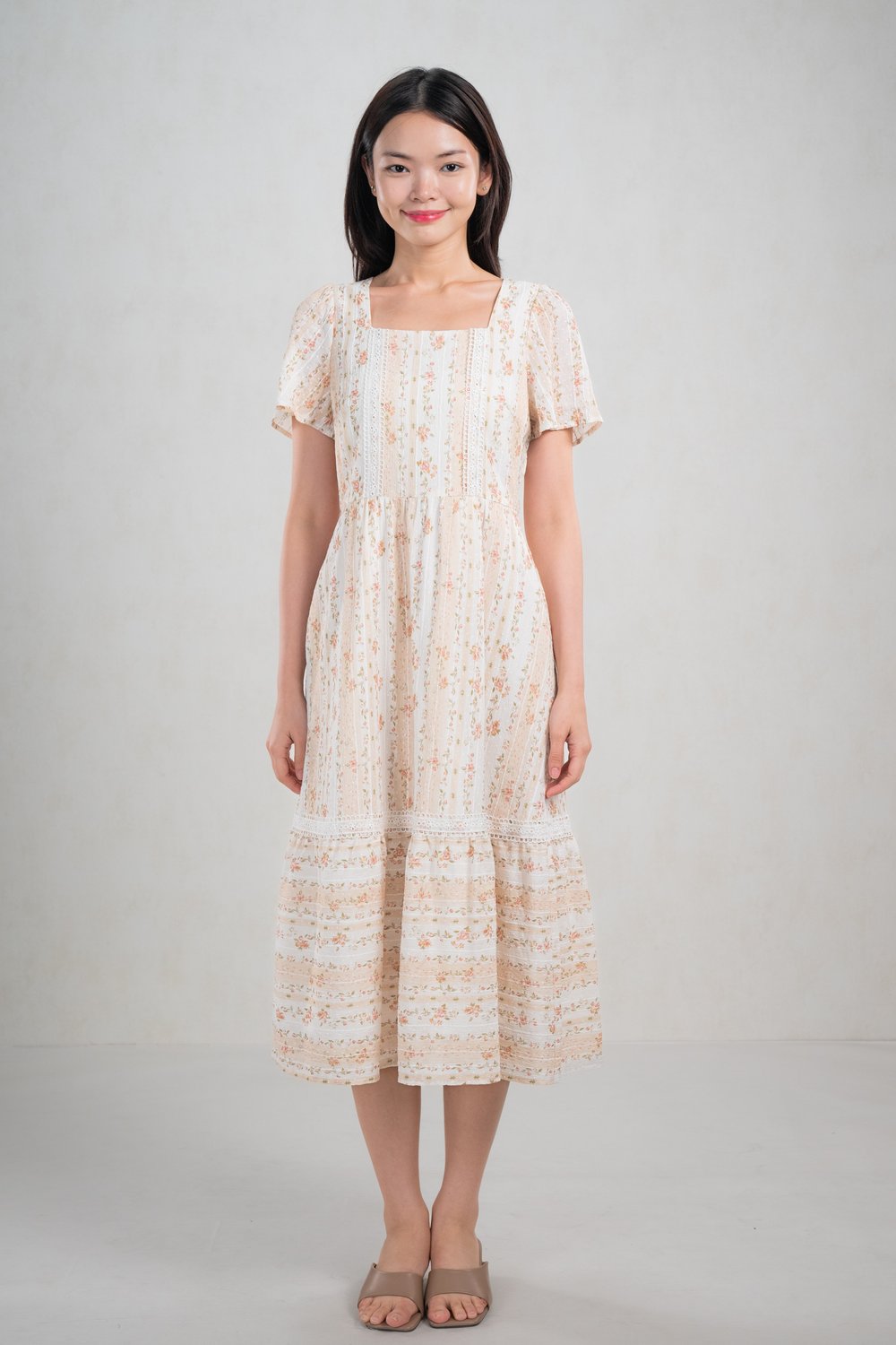 OKASA FLORAL STRIPE SLEEVED MIDI DRESS IN BEIGE