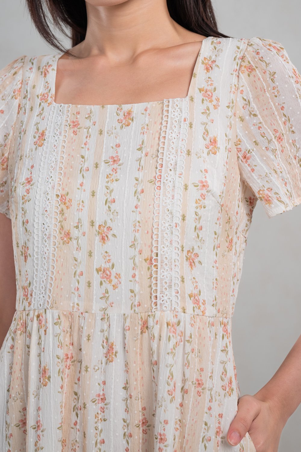 OKASA FLORAL STRIPE SLEEVED MIDI DRESS IN BEIGE