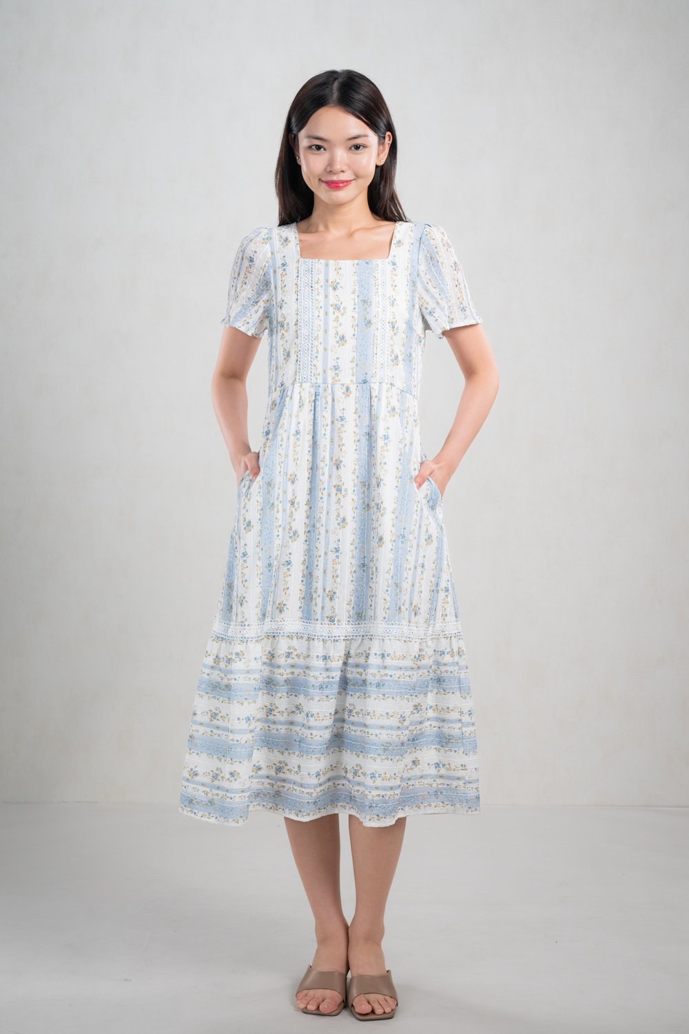 OKASA FLORAL STRIPE SLEEVED MIDI DRESS IN BLUE