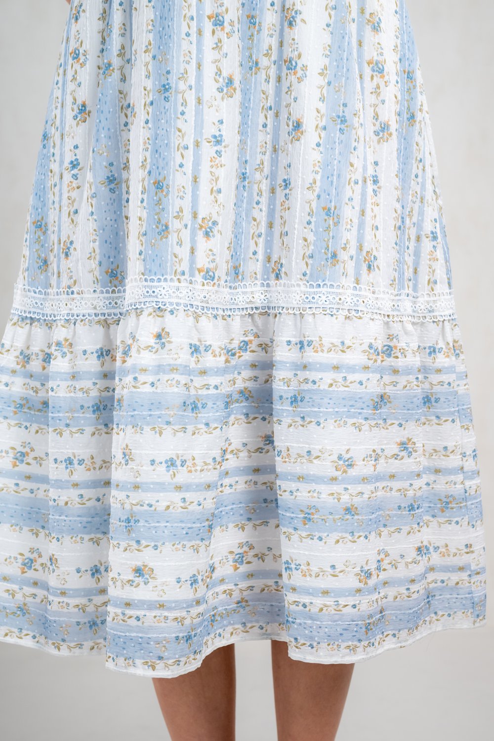 OKASA FLORAL STRIPE SLEEVED MIDI DRESS IN BLUE