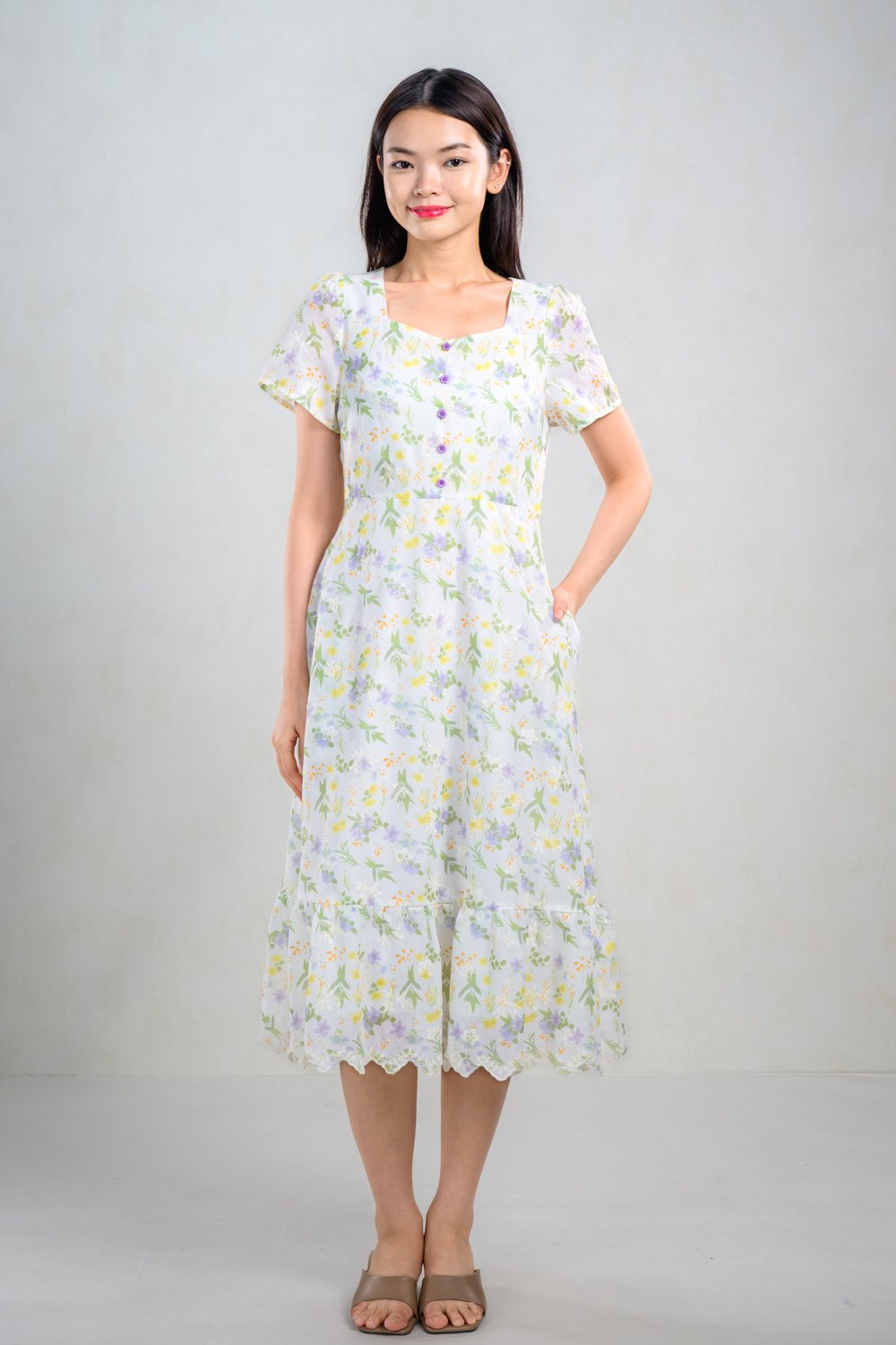 EVADNE FLORAL EMB. SLEEVED BUTTON DRESS