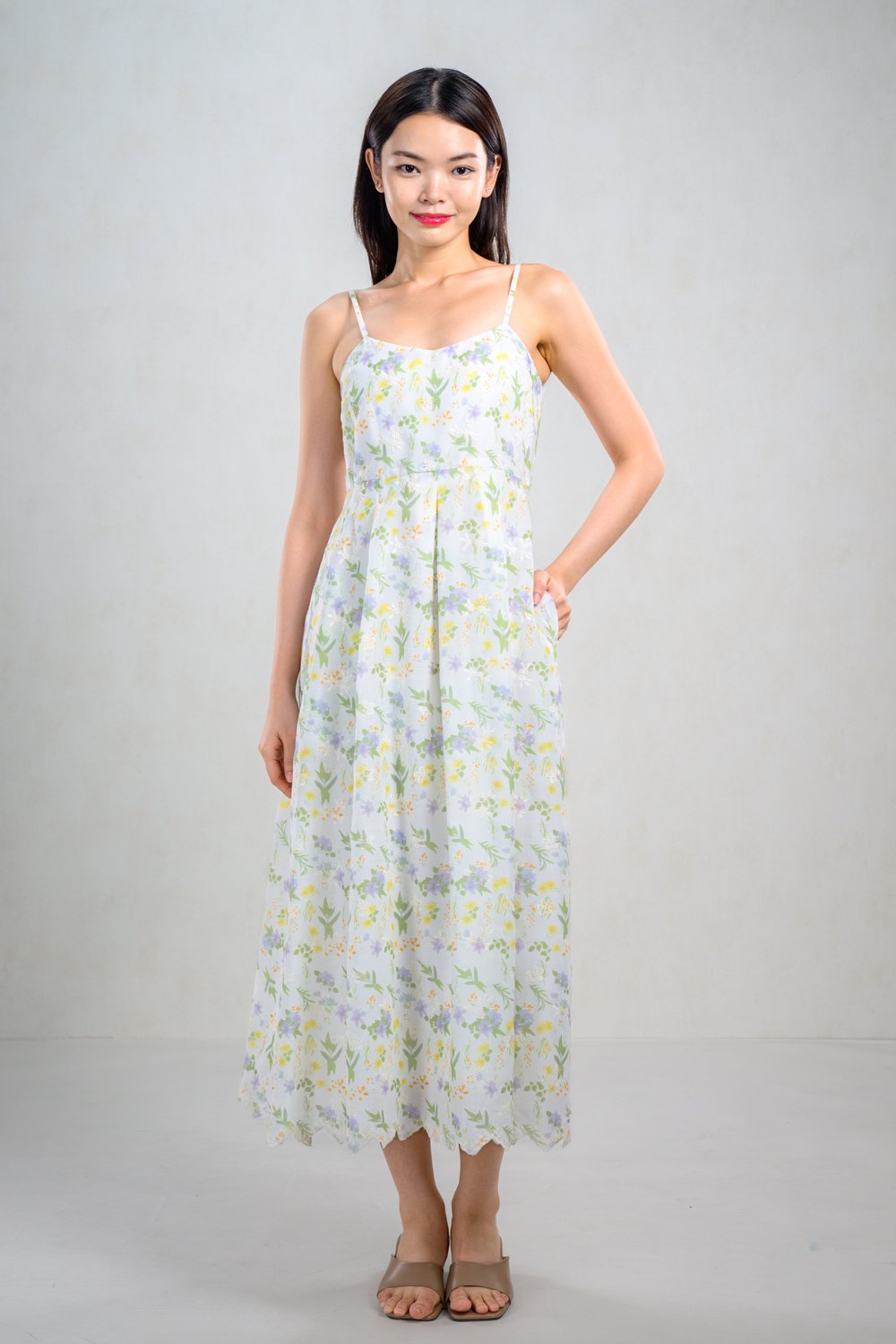 EMELYN GARDEN FLORAL EMB. SPAG MIDAXI DRESS