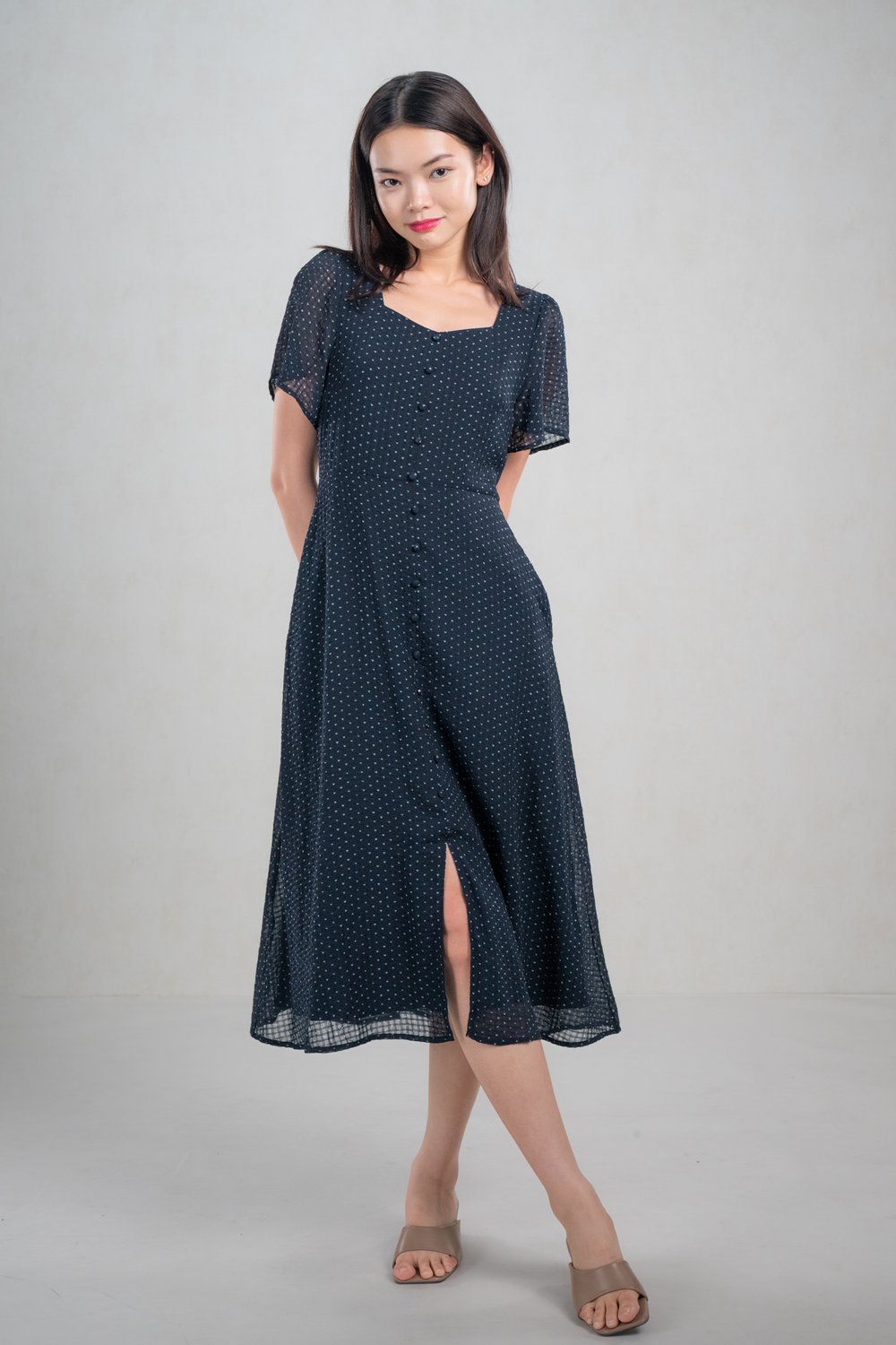 MIVEY NAVY HEARTS SLEEVED MIDI DRESS