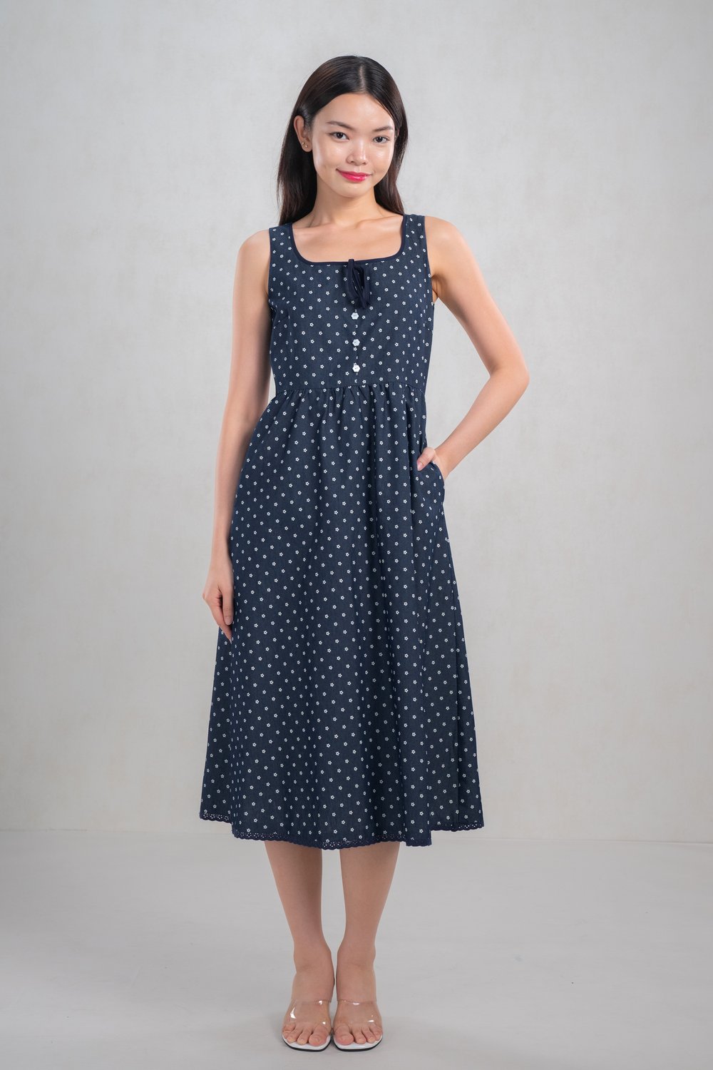 GALILEE FLOWER DENIM SLEEVELESS MIDI DRESS