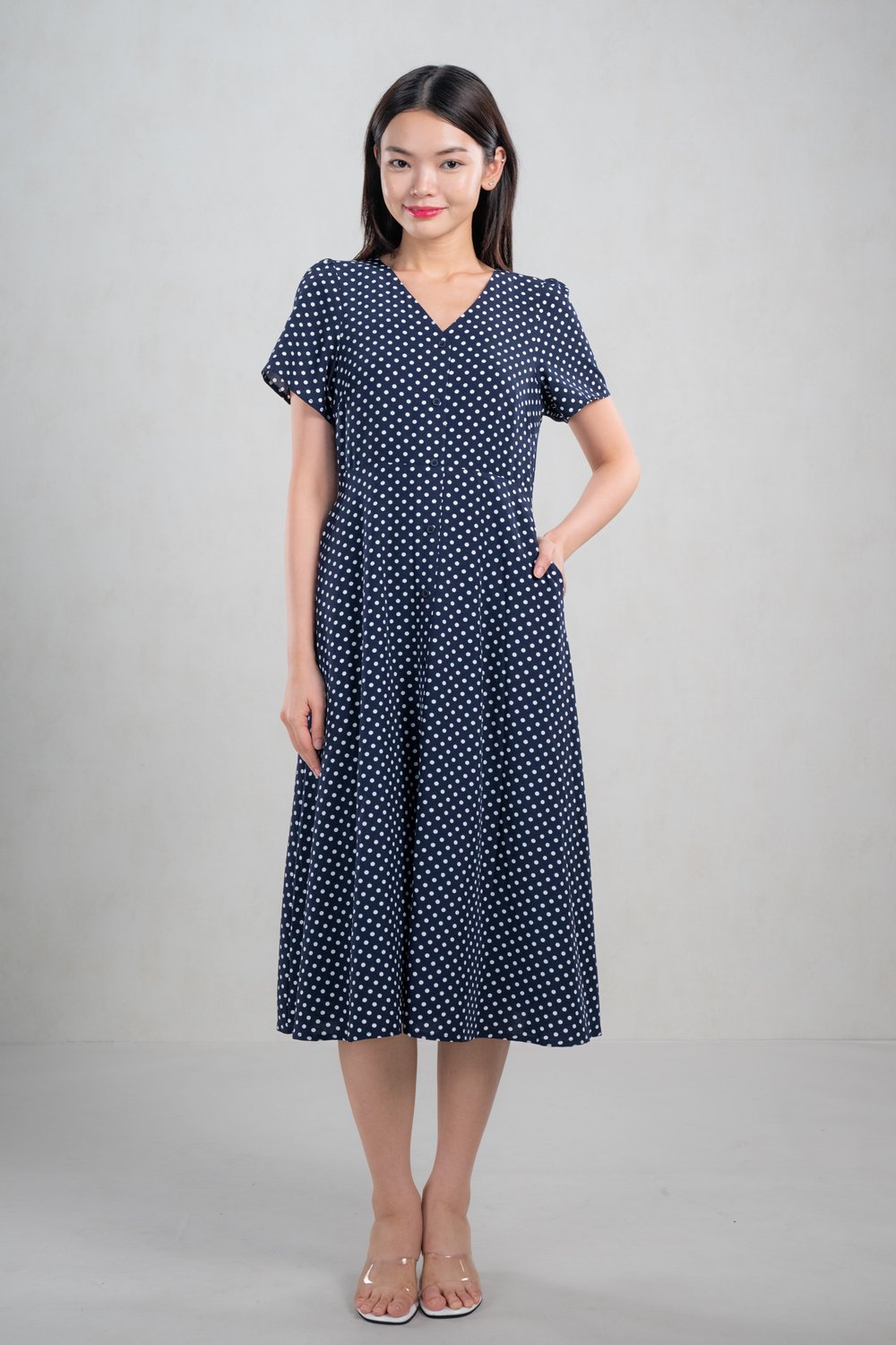 POLKIE POLKA SLEEVED MIDI DRESS IN NAVY