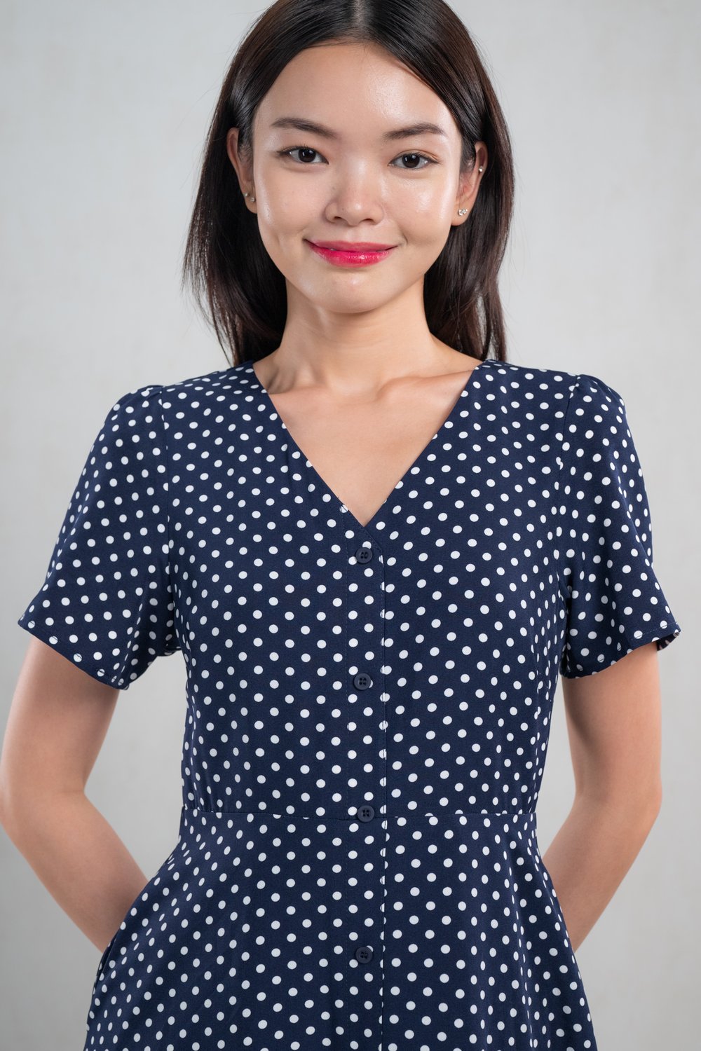 POLKIE POLKA SLEEVED MIDI DRESS IN NAVY