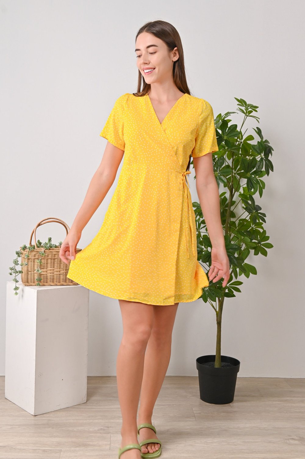 CHERYL WRAP DRESS IN YELLOW POLKA
