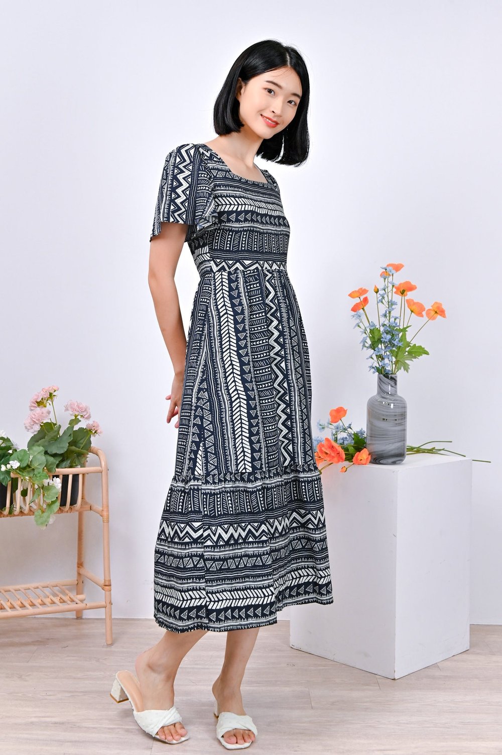 HALO AZTEC SQUARE-NECK DRESS IN NAVY