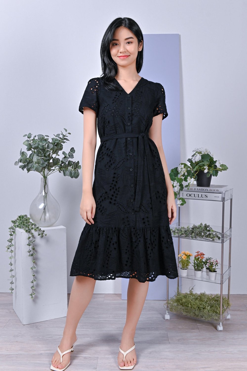 LIANA EYELET DRESS IN BLACK