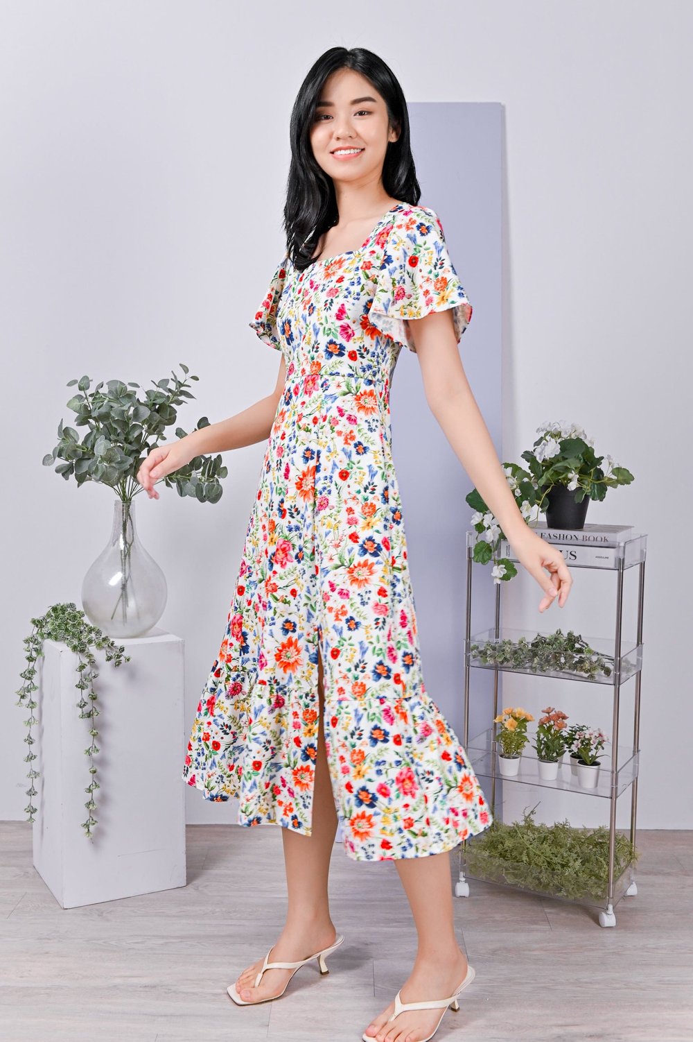 ROBUST FLORAL SQUARE-NECK SLIT DRESS