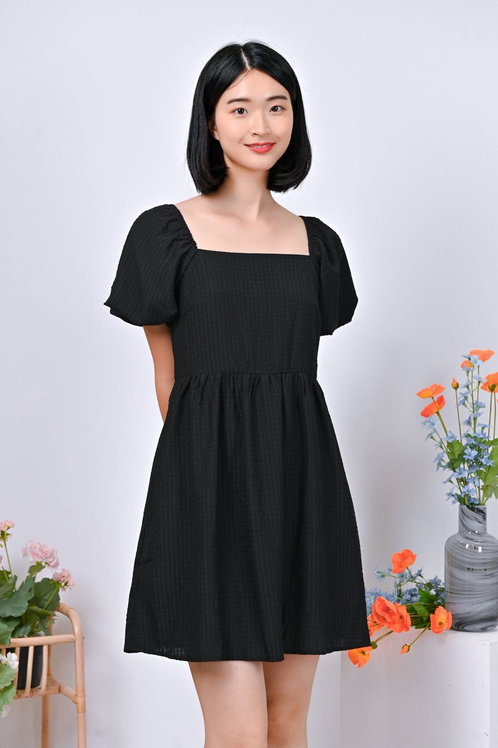 ESTRELLA TEXTURED DRESS-ROMPER IN BLACK