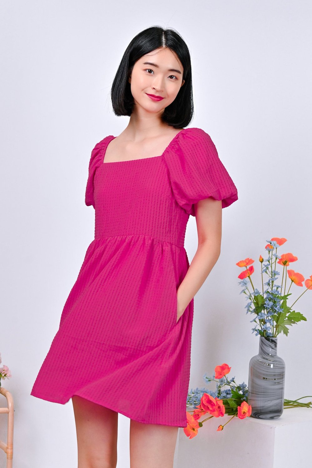 ESTRELLA TEXTURED DRESS-ROMPER IN PINK