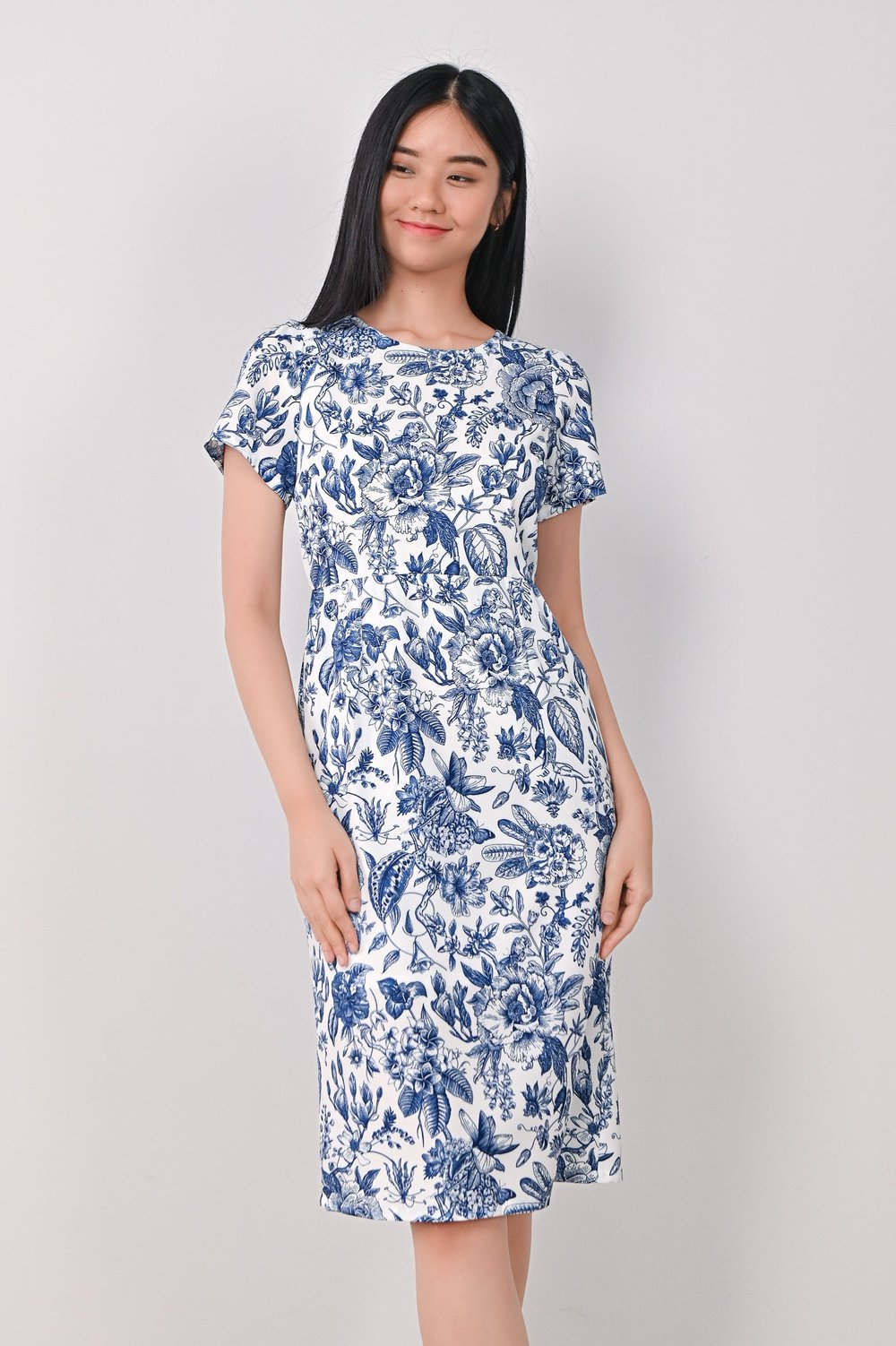 BLUE PORCELAIN BLOOMS PENCIL DRESS