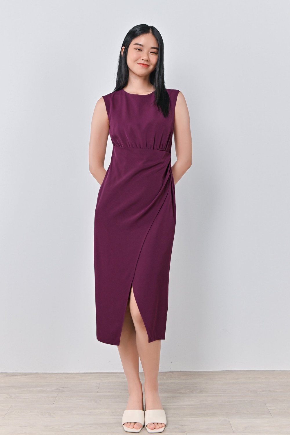 HAE-IN RUCHED OVERLAP DRESS IN MAGENTA