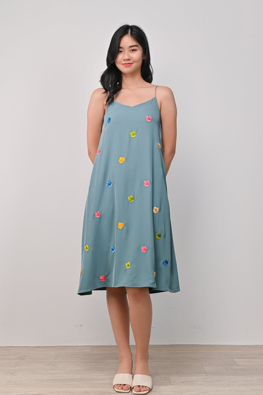 HUAT KUEH EMB. SPAG DRESS IN SEAFOAM