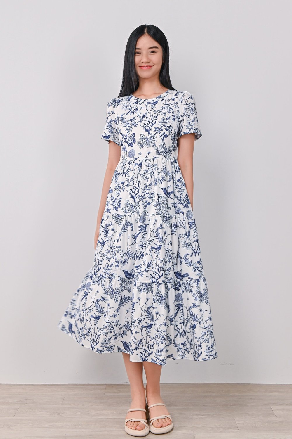 NAVY HUMMINGBIRD TIERED MIDAXI DRESS