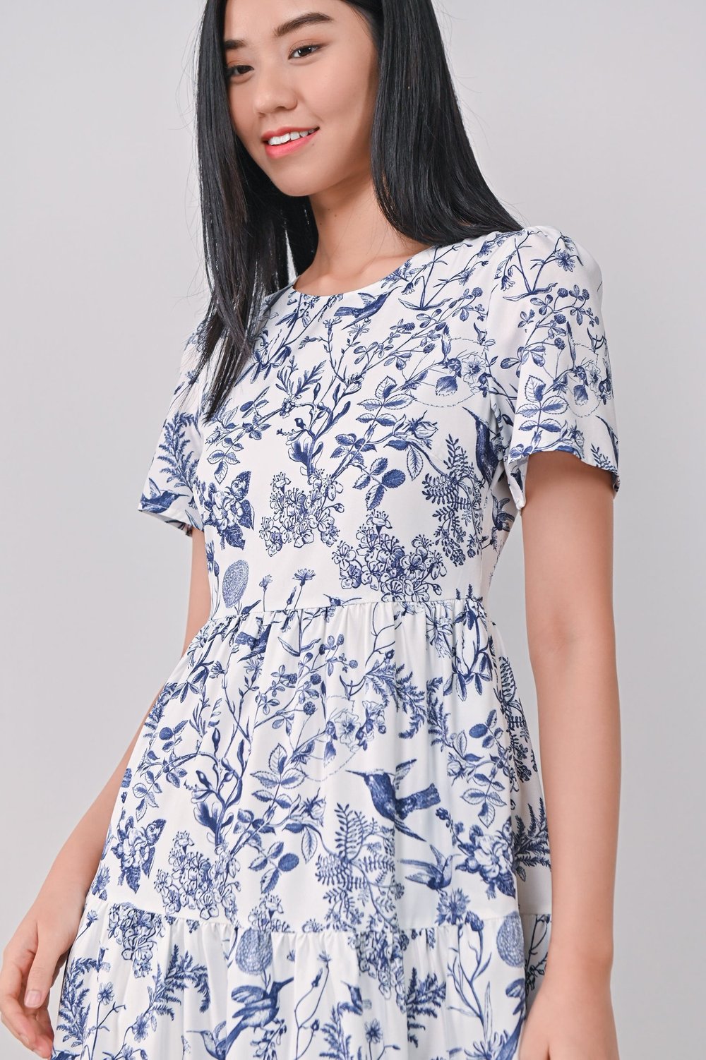 NAVY HUMMINGBIRD TIERED MIDAXI DRESS