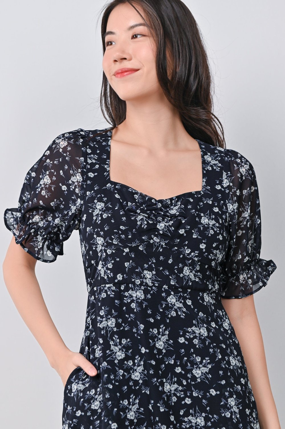 JAEHWA FLORAL SWEETHEART DRESS IN NAVY