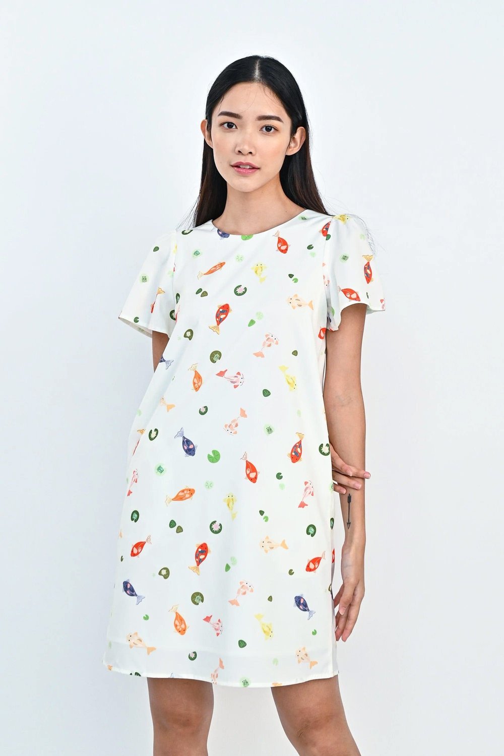 LUCKY KOI SLEEVED DRESS IN OFF-WHITE