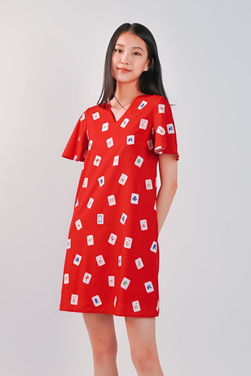 MAHJONG RED SLEEVED DRESS