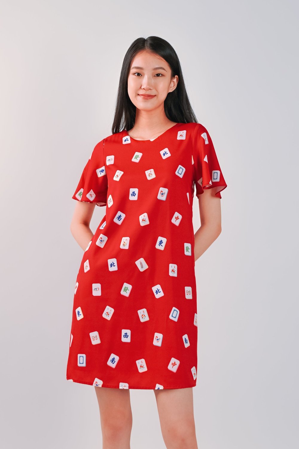MAHJONG RED SLEEVED DRESS