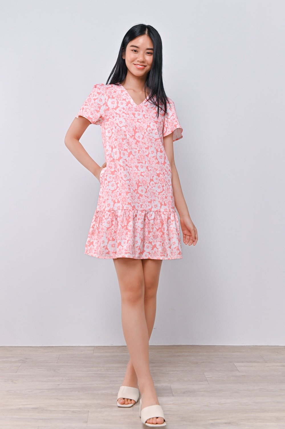 PINK BLOOMS SLEEVED DROPWAIST DRESS