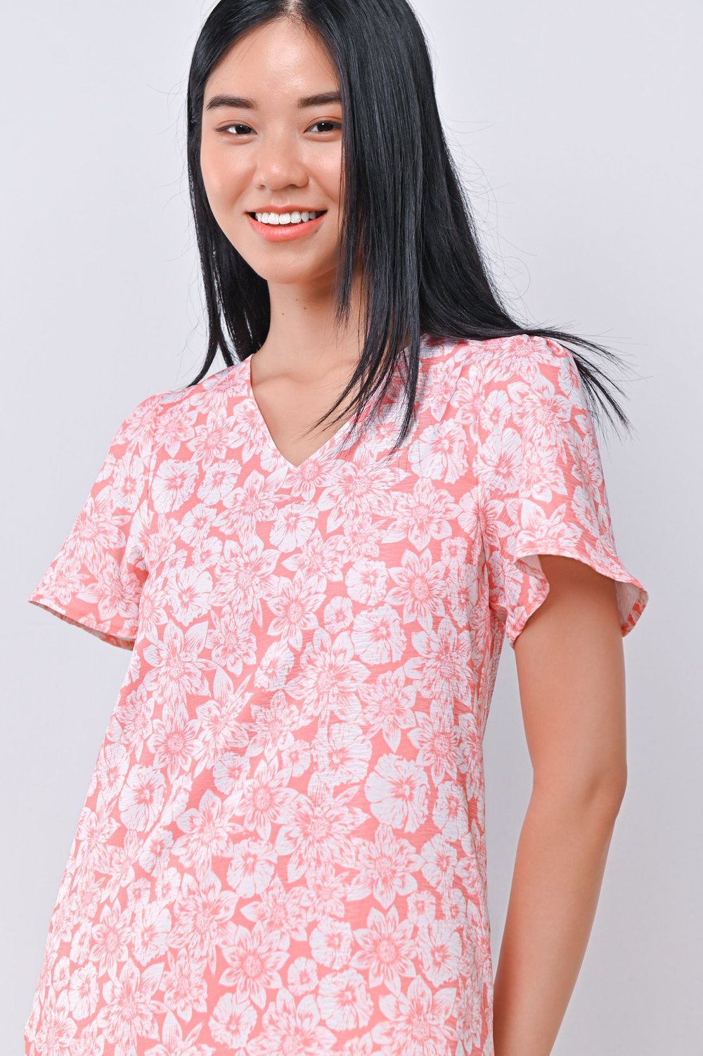 PINK BLOOMS SLEEVED DROPWAIST DRESS