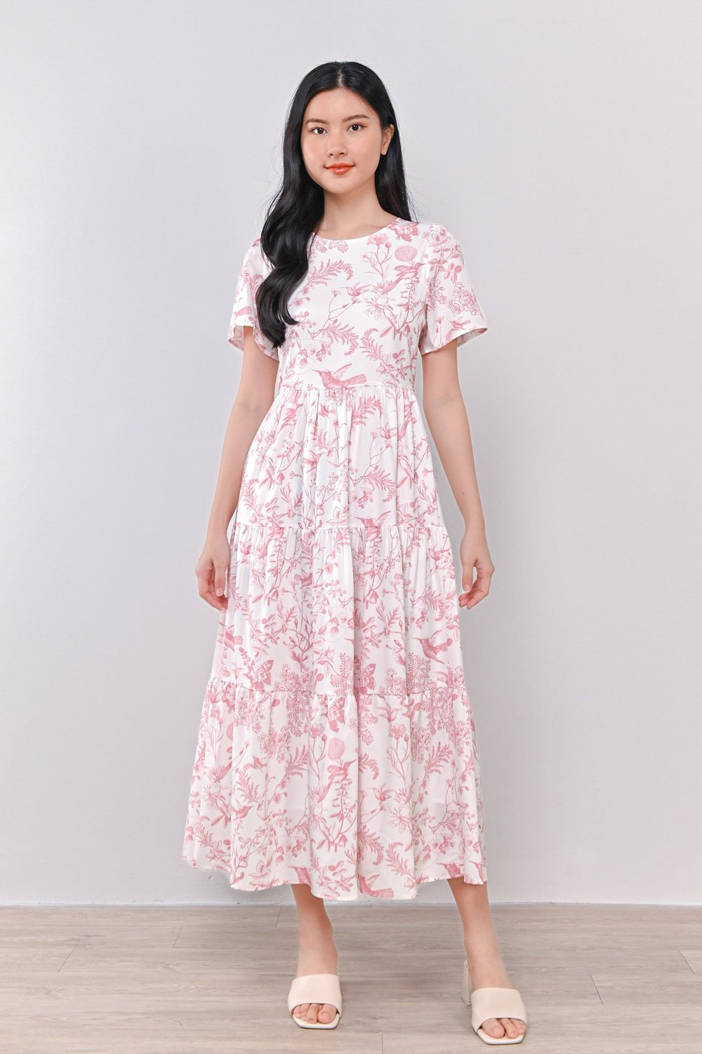 PINK HUMMINGBIRD TIERED MIDAXI DRESS