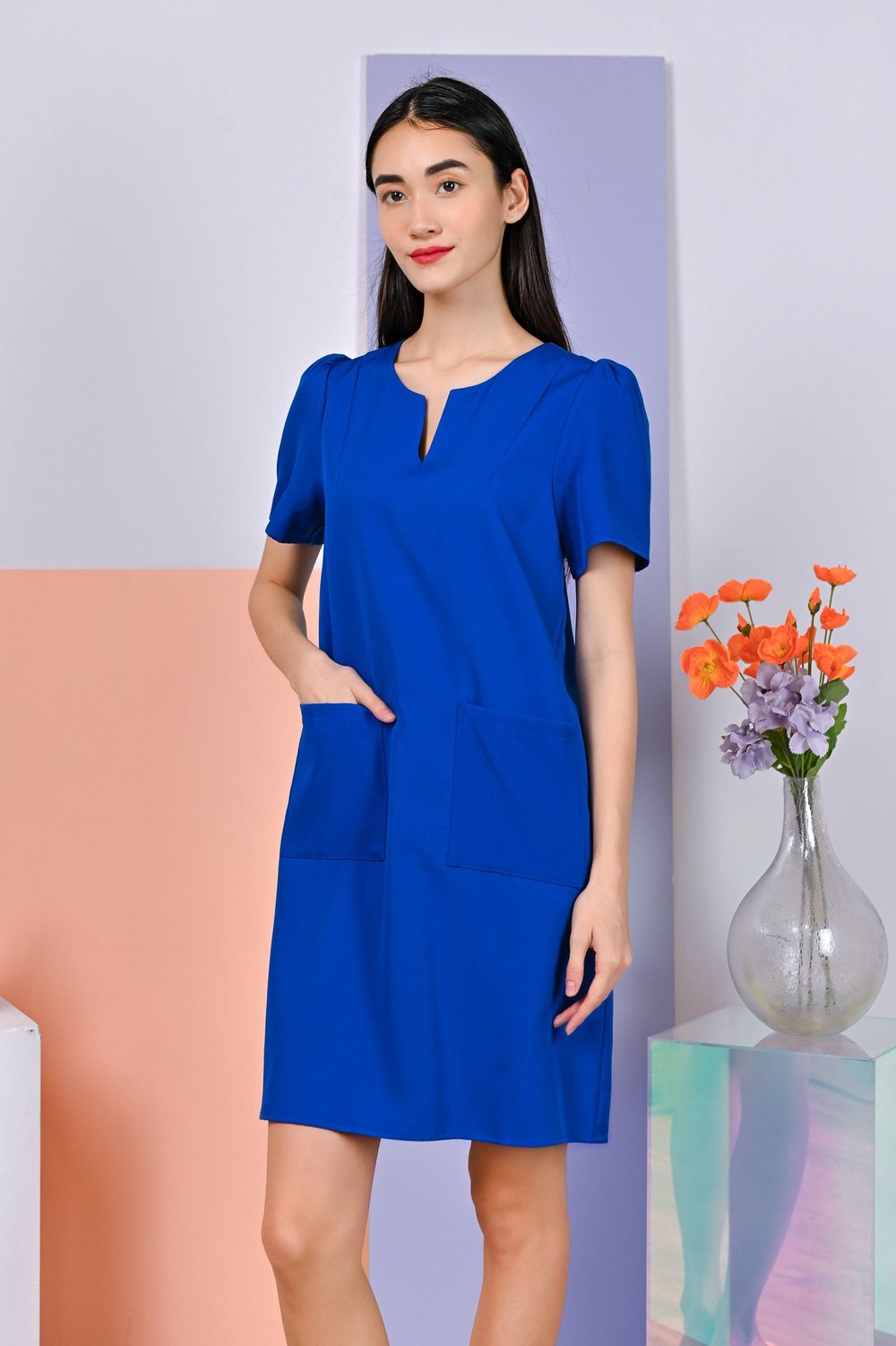 RAYNA PATCH POCKET DRESS IN BLUE