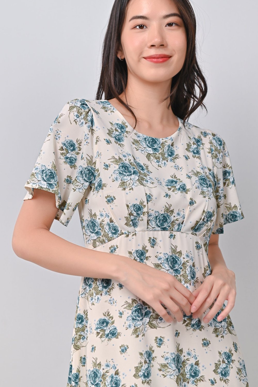 SUBIN FLORAL ROUND-NECK DRESS IN BLUE